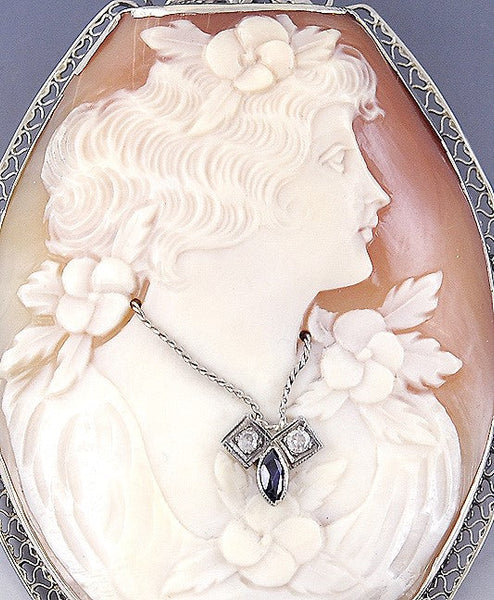 Antique c1910s-1930s American 14k White Gold Diamond Sapphire Cameo Brooch