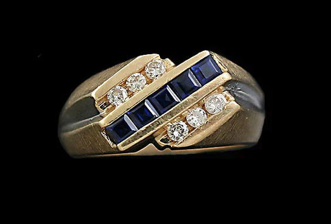 Striking Modern 14k Yellow Gold Diamond & Blue Sapphire Ring Size 8.75