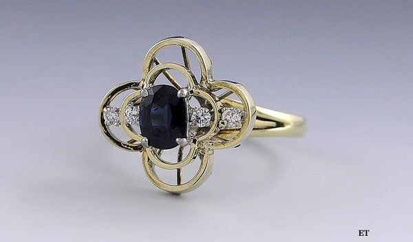 Stunning 14K Yellow Gold .92ct Blue Sapphire & Diamond Quatrefoil Ring Size 7.75