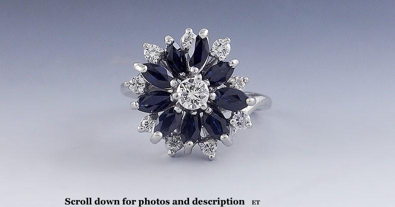 Gorgeous 14K White Gold Diamond & Marquise Cut Sapphire Ring Size 4.5