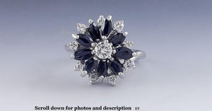 Gorgeous 14K White Gold Diamond & Marquise Cut Sapphire Ring Size 4.5