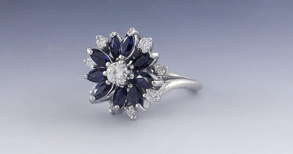 Gorgeous 14K White Gold Diamond & Marquise Cut Sapphire Ring Size 4.5