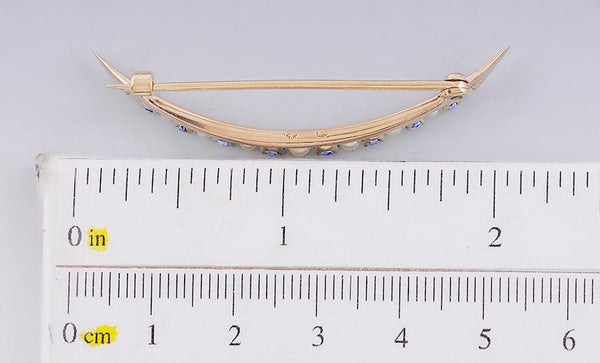 Lovely 14k Gold Natural Sapphire Pearl Crescent Moon Brooch/Pin