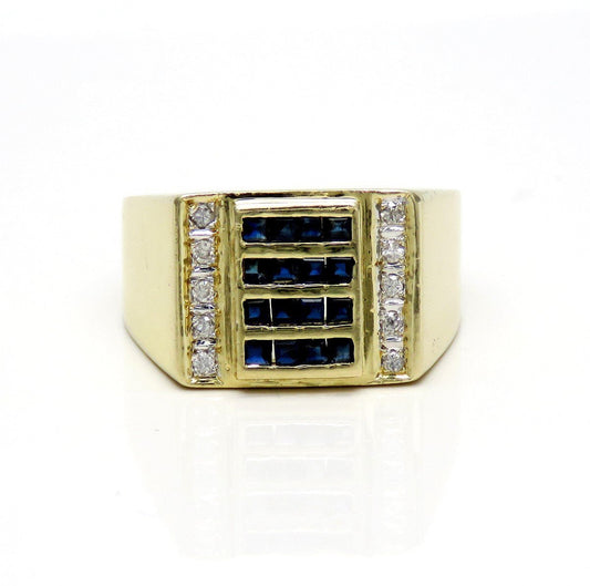Stylish 14k Yellow Gold Sapphire and Diamond Square Ring