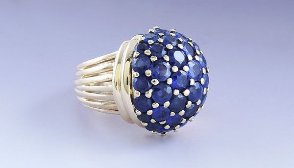 Eye-catching 14k Yellow Gold 4ct Blue Sapphire Dome Cluster Ring Size 5.25