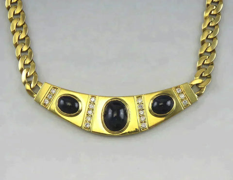 Italian 18K Yellow Gold Sapphire Cabochon & Diamond Statement Necklace