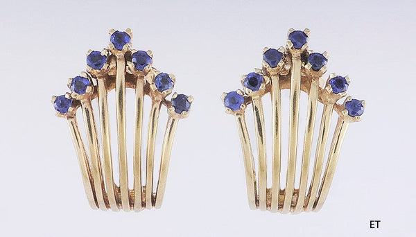 Fabulous Retro Pair 14k Gold & Sapphire Chevron Clipback Earrings