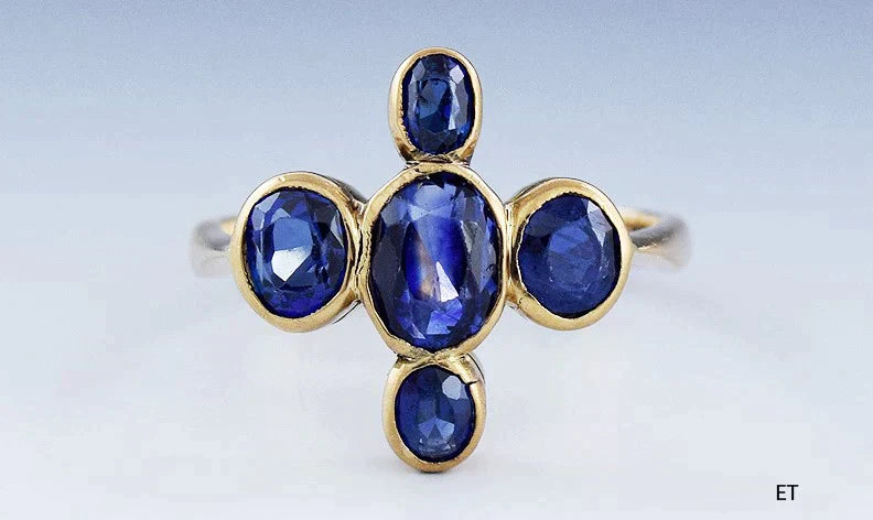 Elegant Antique English 18k Gold & Sapphire Cross Quatrefoil Ring