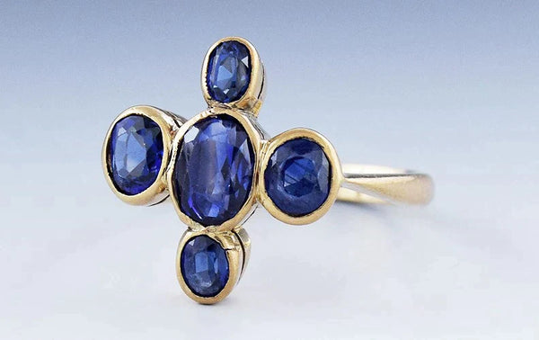 Elegant Antique English 18k Gold & Sapphire Cross Quatrefoil Ring