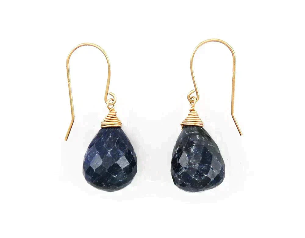 Unique 14K Yellow Gold & Natural Faceted Sapphire Gemstone Dangle Earrings