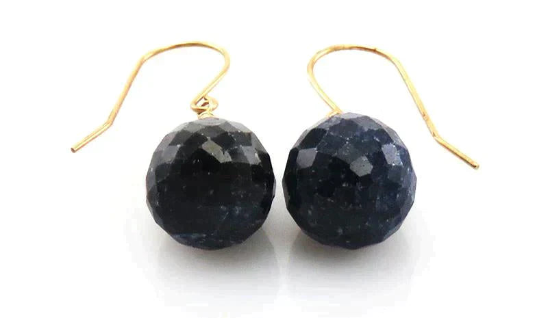 Unique 14K Yellow Gold & Natural Faceted Sapphire Gemstone Dangle Earrings