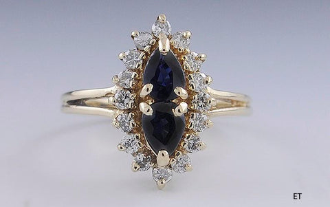 Classy Blue Sapphire & Diamond Cluster 14k Yellow Gold Ring Size 6.5