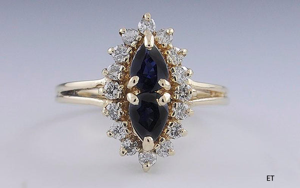 Classy Blue Sapphire & Diamond Cluster 14k Yellow Gold Ring Size 6.5