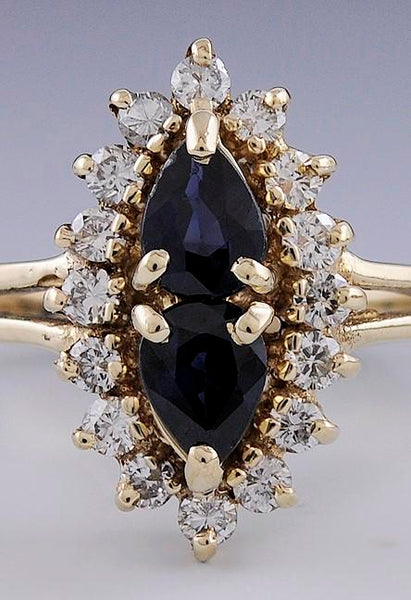 Classy Blue Sapphire & Diamond Cluster 14k Yellow Gold Ring Size 6.5