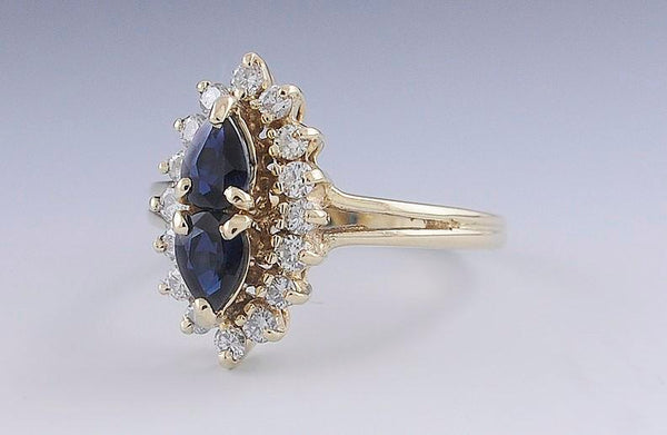 Classy Blue Sapphire & Diamond Cluster 14k Yellow Gold Ring Size 6.5