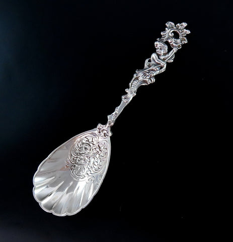 Beautiful Antique German 800 Silver Cherub Flowers Fluted Serving Spoon