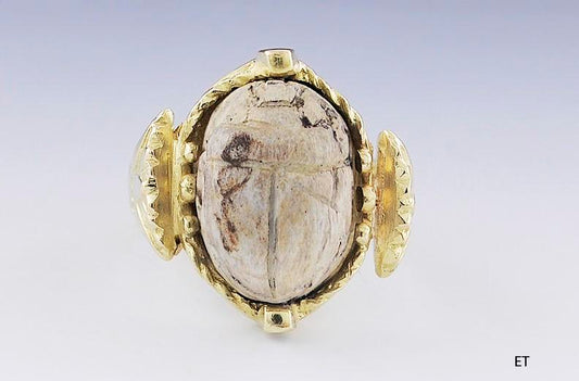 Unique 18k Gold & Antique Egyptian Pottery Scarab Beetle Ring