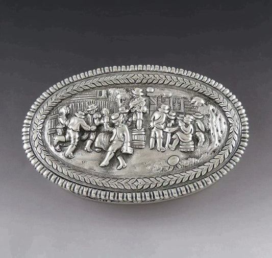 Heavy Vintage Portuguese 833 Silver Drinking Dancing Pub Scene Tinket Box