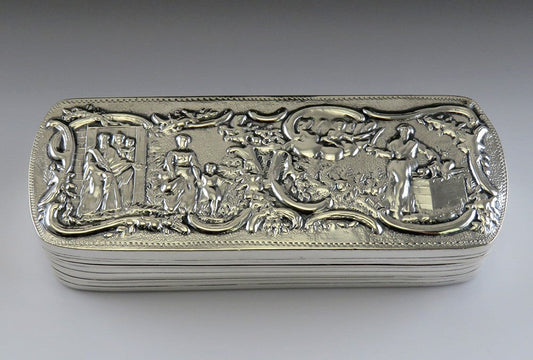 1886 Antique Dutch Silver Genre Scene Hand Chased Long Trinket Vanity Box