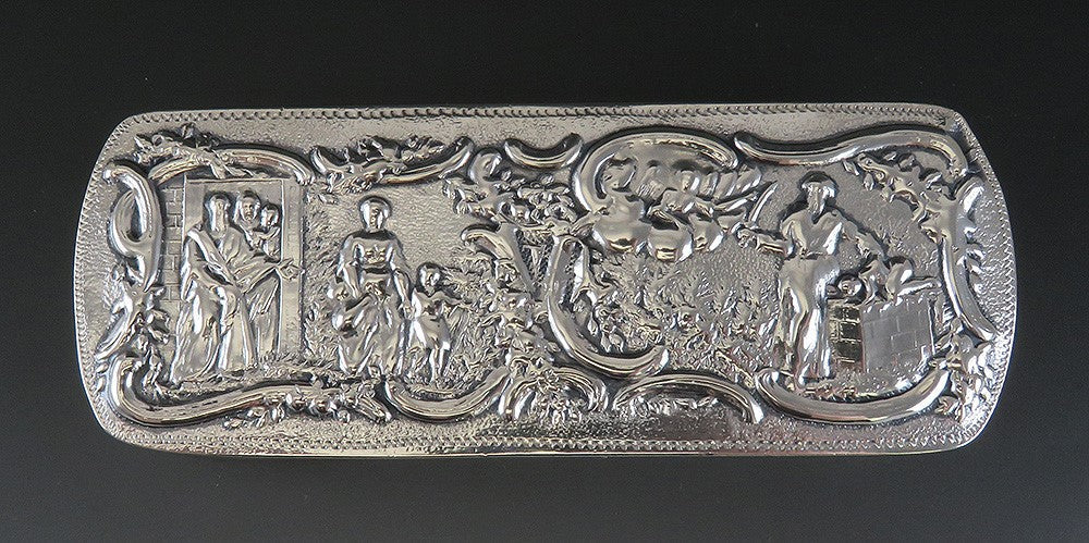 1886 Antique Dutch Silver Genre Scene Hand Chased Long Trinket Vanity Box