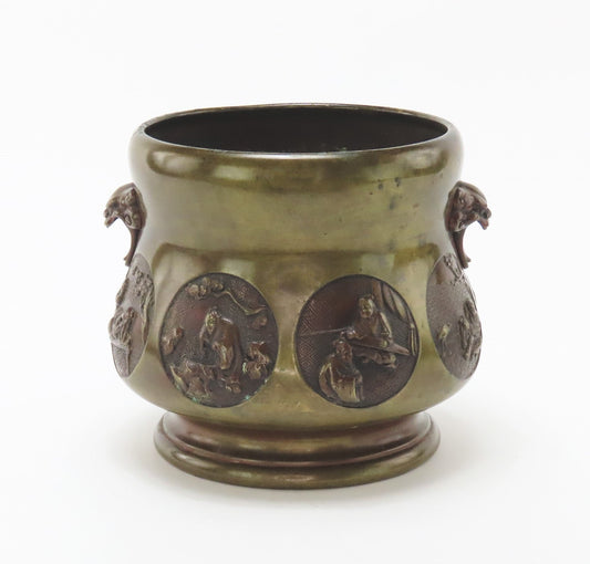 Antique Chinese Bronze Hu Vessel 8 Immortals Mask Handles 4 Character Mark