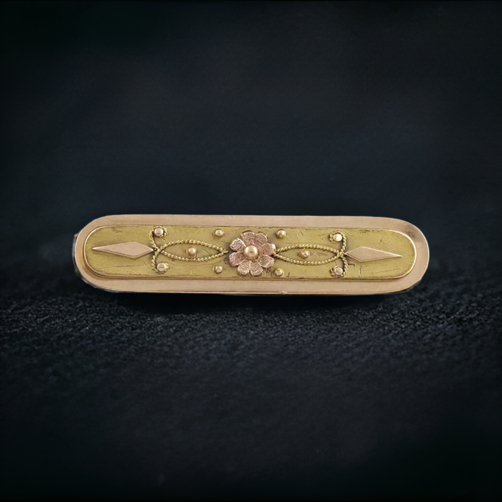 Fine Victorian Etruscan Revival 14k Gold Floral Bar Pin