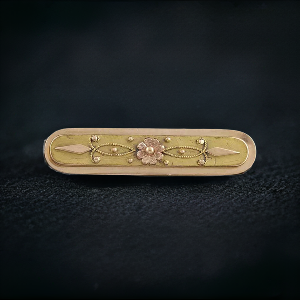 Fine Victorian Etruscan Revival 14k Gold Floral Bar Pin