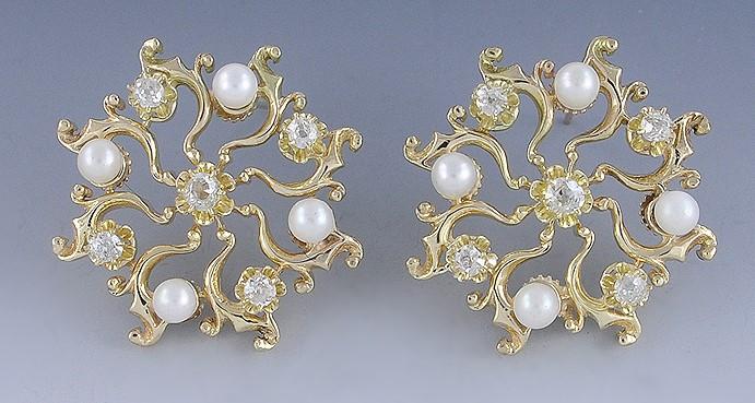 Beautiful Vintage Victorian Style 14k Yellow Gold Diamond Pearl Pinwheel Earrings