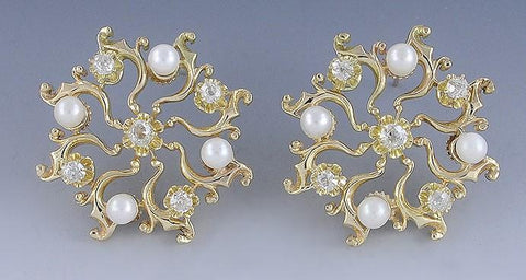 Beautiful Vintage Victorian Style 14k Yellow Gold Diamond Pearl Pinwheel Earrings