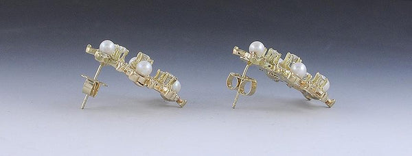 Beautiful Vintage Victorian Style 14k Yellow Gold Diamond Pearl Pinwheel Earrings