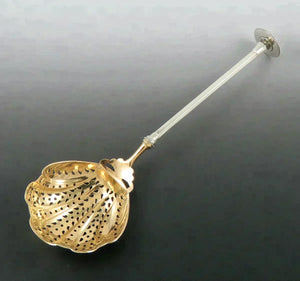 Antique 1860s Aesthetic Movement Coin Silver Gold Berry Strainer Oyster Ladle