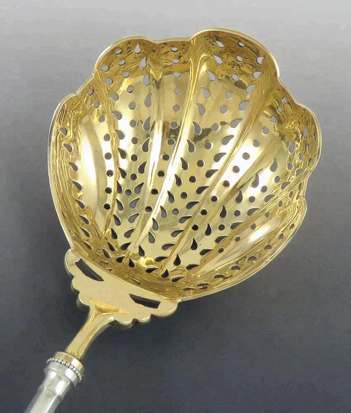 Antique 1860s Aesthetic Movement Coin Silver Gold Berry Strainer Oyster Ladle