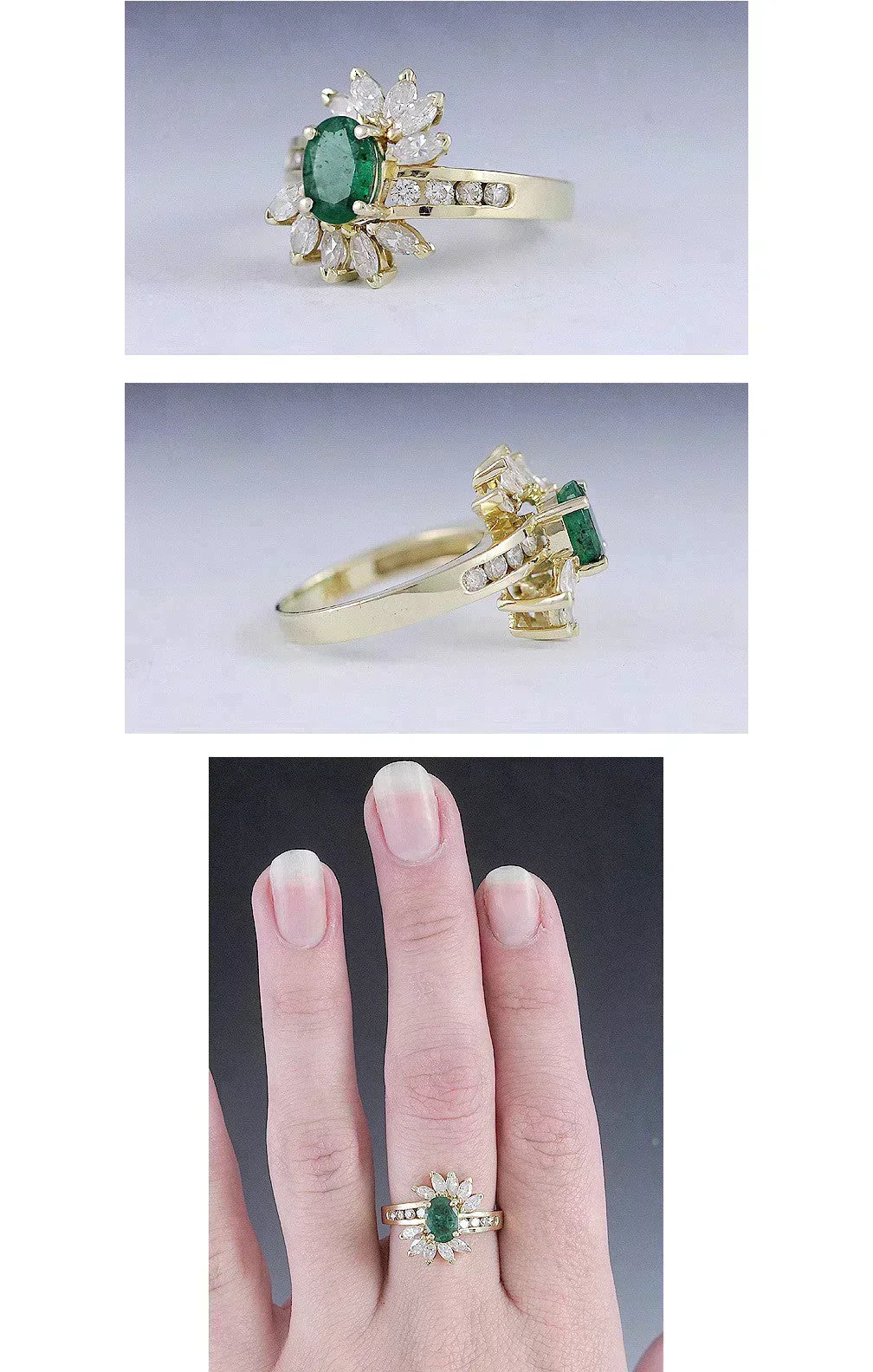Modern Eye Catching 14K Yellow Gold Emerald & Diamond Ring Size 7.75
