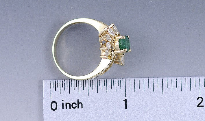 Modern Eye Catching 14K Yellow Gold Emerald & Diamond Ring Size 7.75