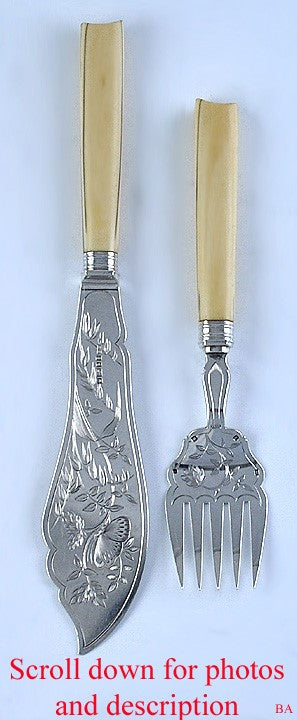 Antique Victorian 1858 English Sterling Silver Fish Fork Knife Serving Set