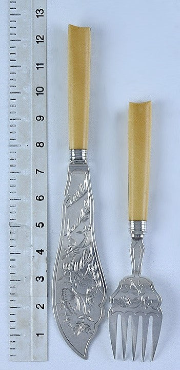 Antique Victorian 1858 English Sterling Silver Fish Fork Knife Serving Set
