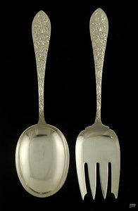 Antique Frank Whiting Lily Floral Sterling Silver Salad Fork Spoon Serving Set