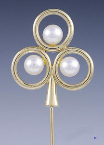 Genuine Mikimoto 14k Gold Natural Pearl Shamrock Clover Trefoil Stick Pin