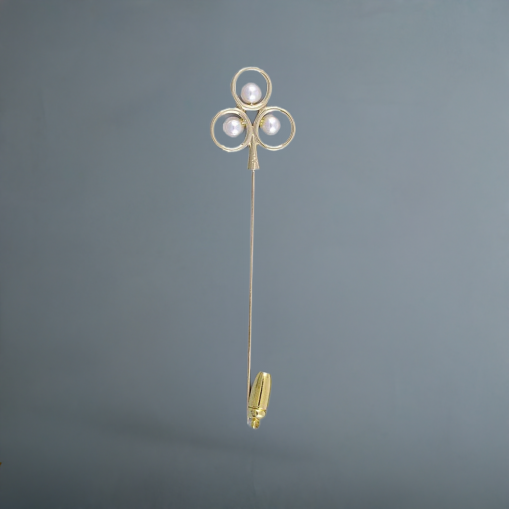 Genuine Mikimoto 14k Gold Natural Pearl Shamrock Clover Trefoil Stick Pin