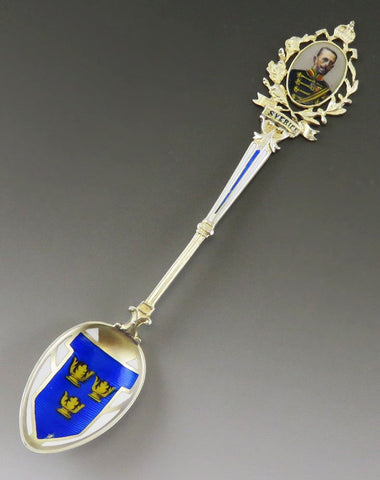 Antique 1913 Enameled Swedish 830 Silver Sverige Souvenir Spoon King Gustav V