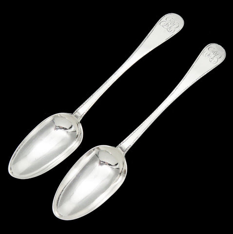 Large Antique Colonial Stephen Emery Coin Silver Serving Spoons Pair 8 1/2 in