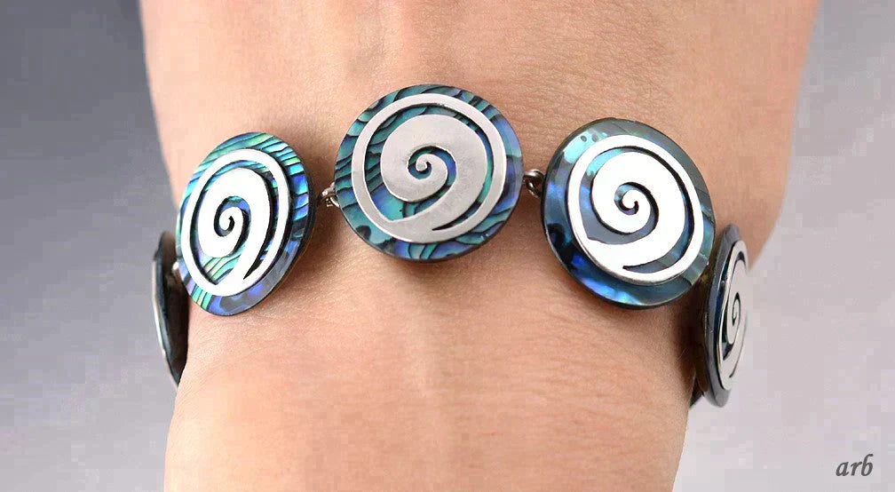 Gorgeous Modern Sterling Silver and Abalone Shell Link Clasp Bracelet 7 Inches