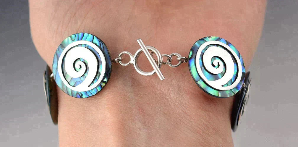Gorgeous Modern Sterling Silver and Abalone Shell Link Clasp Bracelet 7 Inches