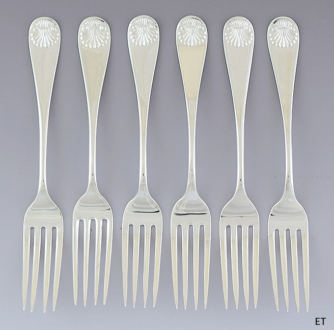Fine set 6 American Sterling Silver Shell forks