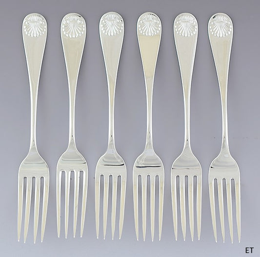 Fine set 6 American Sterling Silver Shell forks