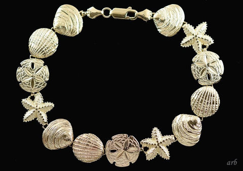 10k Yellow Gold Seashell Sanddollar Ocean Motif Bracelet Diamond Cut Detail