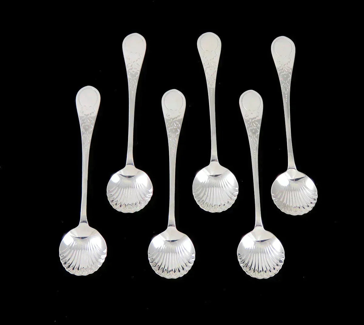 6 Sterling Silver Gorham Paul Revere Flower Engraved Shell Bowl Demitasse Spoons