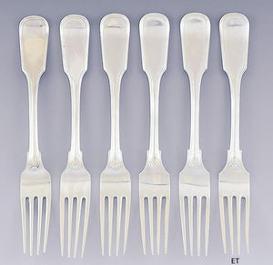 Fab Set 6 1873 Dutch 934 Silver Continental Full Dinner Size Forks w Neat Crest