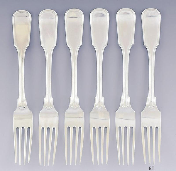 Fab Set 6 1873 Dutch 934 Silver Continental Full Dinner Size Forks w Neat Crest