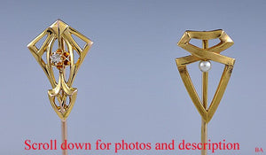 Pair Gold Diamond & Pearl Antique Stickpins